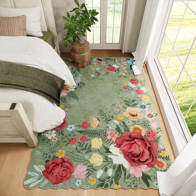 Floral Washable 6'x9' Area Rugs for Bedroom, Soft Lightweight Rug for Living Room Non Slip Dining Room Green Rug, Stain Resistant Boho Vintahe Easy Clean Throw Carpet for Office