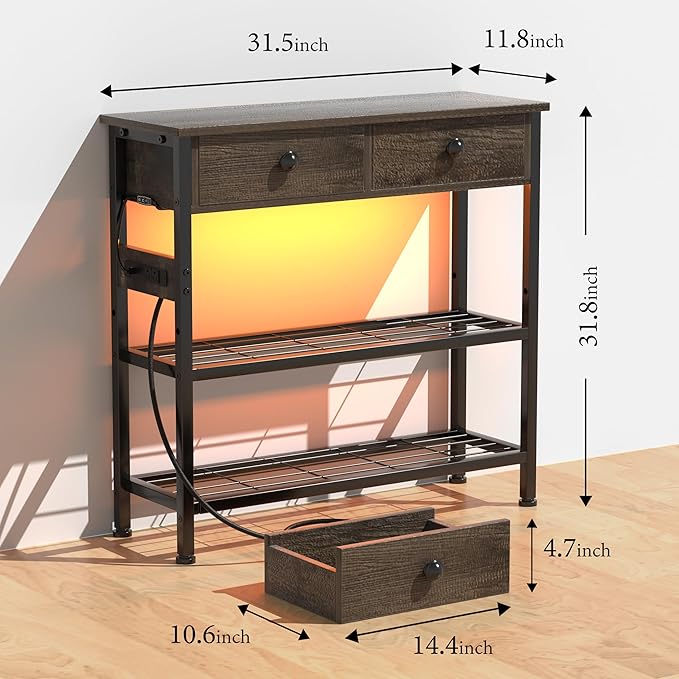 32" Entryway Table with Outlets: Console Table with Storage Shelves, USB Ports, LED Light Strip, and 2 Wood Drawers for Sofa, Living Room, Hallway, Foyer, Couch, and TV Stand