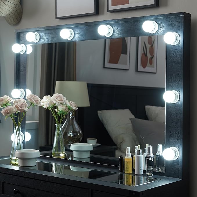 JXQTLINGMU Farmhouse Vanity Desk with Hollywood Makeup Mirror - Ample Storage Space with 3 Drawers & 2 Cabinets - Detachable Light Bulbs, Stool Included, Bedroom, Black