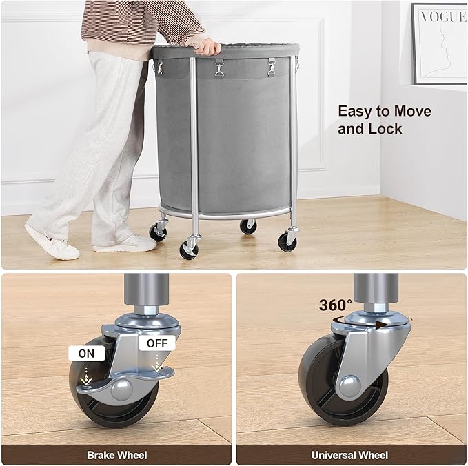 ELYKEN Laundry Basket with Wheels, 45 Gallons Rolling Laundry Hamper with Removable Bag and Steel Frame, Round Laundry Cart with 4 Casters, Ideal for Bedroom, Bathroom, Laundry Room, Gray