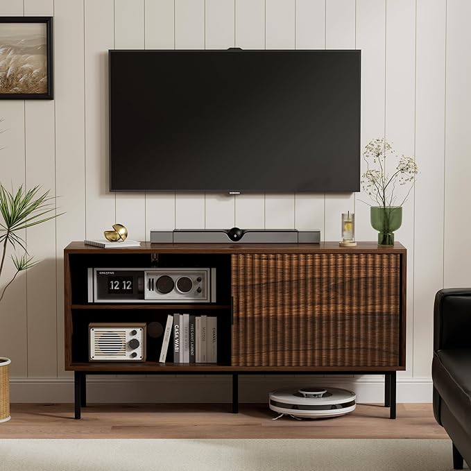 Fluted Tv Stand Set of 2, 47" Mid Century Storage Cabinet with Adjustable Shelf, Wooden Media TV Console Entertainment Center for Living Room, Brown