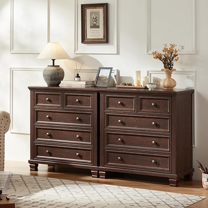 Farmhouse 5 Drawer Dresser for Bedroom, 32.6 Inch Tall Vintage Wood Chest of Drawers, Rustic Small Dressers w/Square Wooden Legs, Mid-Century Storage Organizer for Living Room, Walnut