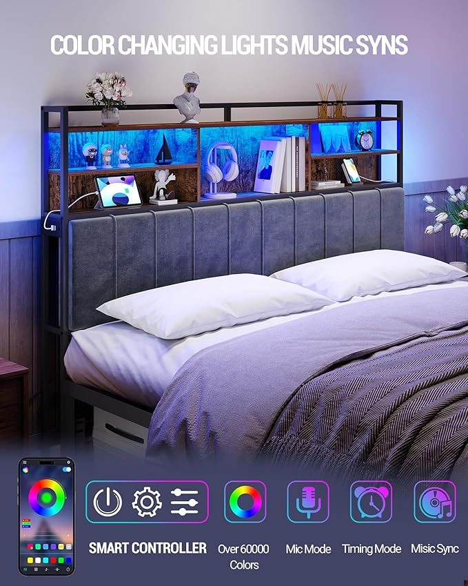 Headboard with 3-Tier Storage Shelves, Velvet Upholstered Head Board with 2 Outlets, USB Ports & LED Light, Soft Backrest for King Size Bed Rustic Brown and Black BH19401B