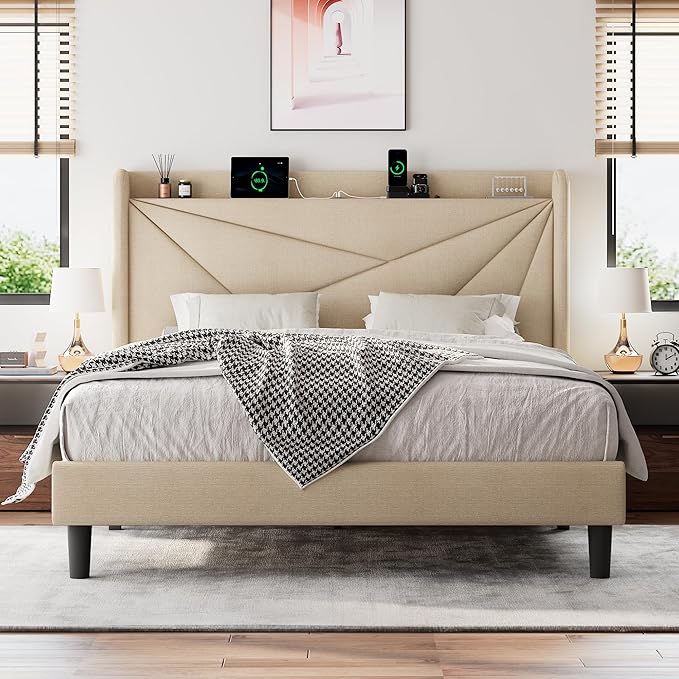 Full Size Upholstered Bed Frame with Charging Station, Platform Bed Frame with Storage Headboard, Solid Wood Slats Support, No Box Spring Needed, Beige