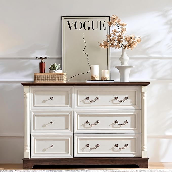 Farmhouse 6 Drawer Dresser with Roman Column Design, 47" Wide Wood Chest of Drawers for Bedroom, Living Room, Antique White