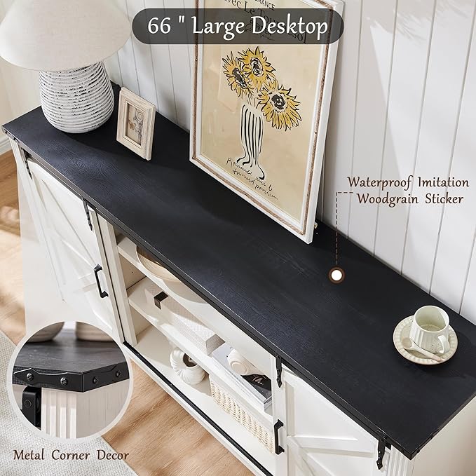 LINGMU Farmhouse TV Stand for 75 80 Inch TV, 32" Tall Entertainment Center w/4 Drawers & Sliding Barn Door, Rustic Media Console w/Storage Shelves, 66" Wood Television Stand for Living Room, Off White