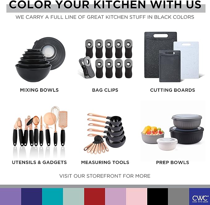 COOK WITH COLOR Prep Bowls with Lids- Wide and Deep Nesting Plastic Small Mixing Bowl Set with Lids, 12 Piece Set - Wide Bowls, Black/White