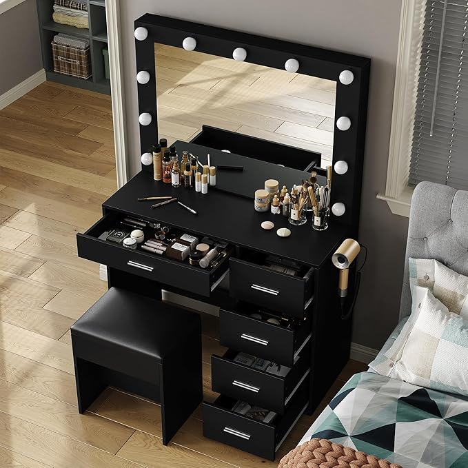 Vanity Desk with Power Outlet, 37''W Make Up Vanity with Lighting Mirror, 3 Lighting Modes Adjustable, 5 Drawers Dressing Table for Bedroom, Dressing Room, Live Broadcast Room, Black
