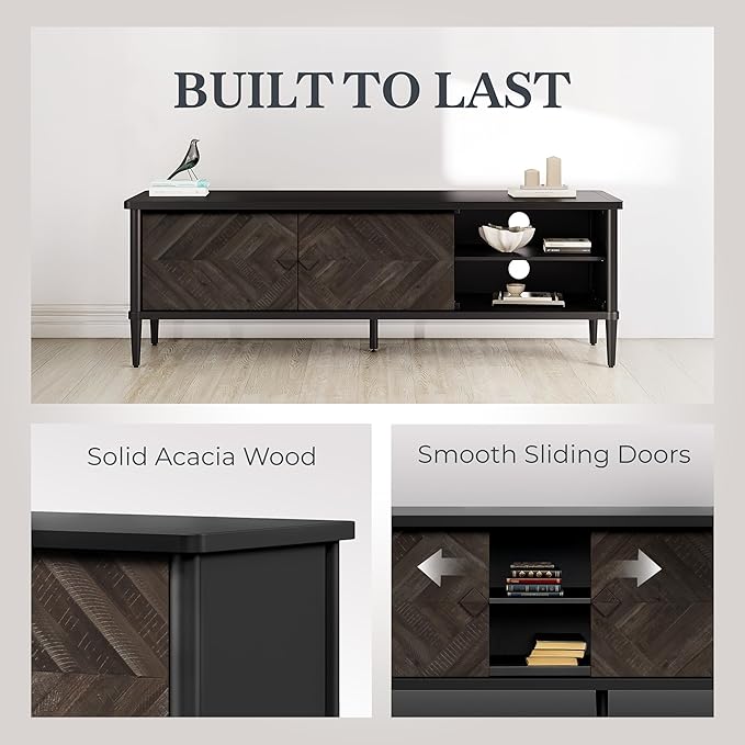 Lenia Solid Wood TV Stand – Mid-Century Modern Entertainment Center, Wooden Media Console with Chevron Doors, Adjustable Shelves & Cable Management – Sturdy Design – Mocha Black Finish