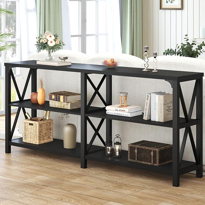 LVB Industrial Entryway Table, Farmhouse Rustic Console Tables Behind Couch, Long Metal Wooden Sofa Table with Storage Shelf, Modern Foyer Hallway Table for Living Room Bedroom, Black Oak, 63 in