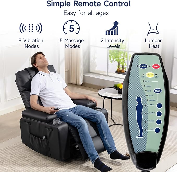 Power Lift Recliner Chair for Elderly with Massage & Heat, 160° Adjustable PU Leather Electric Recliner with Remote, Cup Holders, Side Pockets, and Stand Assist for Living Room, Bedroom (Black)