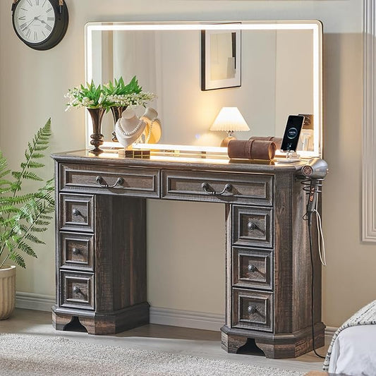 T4TREAM Vanity Desk with Mirror and Lights, 48'' LED Lights Makeup Vanity with 3 Colors, Farmhouse Vanity Table with 8 Drawers(Dark Rustic Oak)