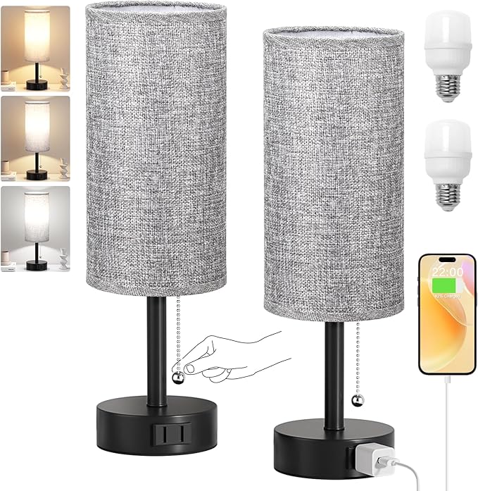 Grey Bedside Table Lamps Set of 2-3 Color Temperatures Pull Chain Lamp with AC Outlet Charging Port, Round Night Stand Lamps for Bedroom Office, Small Bed Side Light with E26 LED Bulbs
