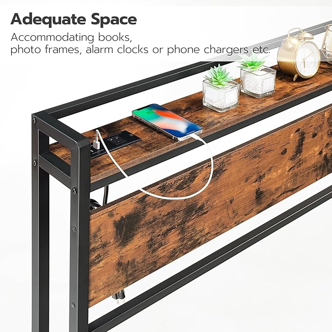 HOOBRO Headboard Queen Size, Headboard with 2 Outlets and 4 USB Ports, Adjustable Height, Storage Rack, Sturdy and Stable, Easy Assembly, Rustic Brown and Black