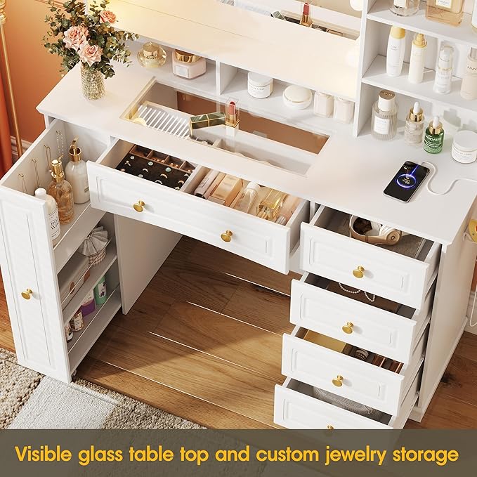 Maupvit 47.1" Makeup Vanity with Mirror and Lights,White Vanity Desk with Drawers and Shelves，Large Makeup Table with Glass Top，Bedroom Dressing Table