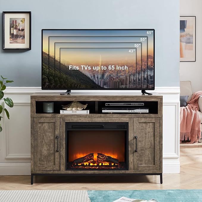 Fireplace TV Stand for TVs Up to 65 Inches, Farmhouse Entertainment Center with 23" Fireplace & LED Lights, Rustic Media Console with Sliding Barn Door and Open Shelves