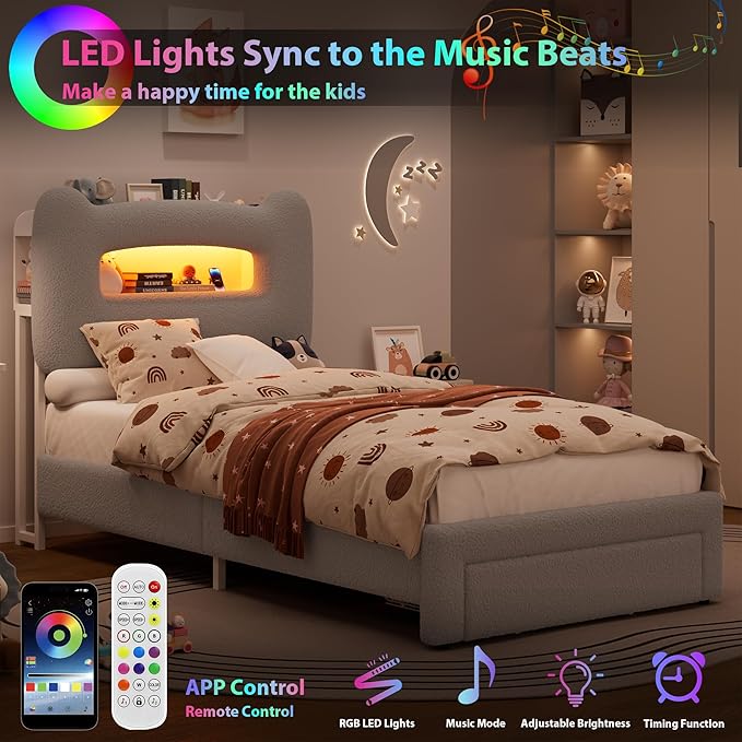 GarveeHome Upholstered Twin Bed Frame with 2-Tier Storage Headboard, LED Platform Bed with Charging Station and Drawer for Kids/Girls/Boys, Heavy Duty Metal Support, No Box Spring Needed, Grey