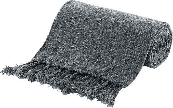 BATTILO HOME Dark Gray Throw Blanket for Couch Bed Sofa, Soft Cozy Grey Chenille Throw Blanket with Fringe Tassels, Lightweight Knit Throw Blanket for Home Decor, 50"x60"