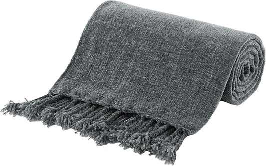 BATTILO HOME Dark Gray Throw Blanket for Couch Bed Sofa, Soft Cozy Grey Chenille Throw Blanket with Fringe Tassels, Lightweight Knit Throw Blanket for Home Decor, 50"x60"