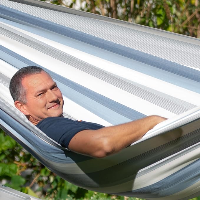 LA SIESTA® - Large Double Brisa Classic Hammock & Nautico Steel Stand - Weather & Tear Resistant Portable Hammock w/Stand - Balcony Porch Garden Outdoor Indoor Hammock - 2-Person Max 355 Lbs, Seasalt