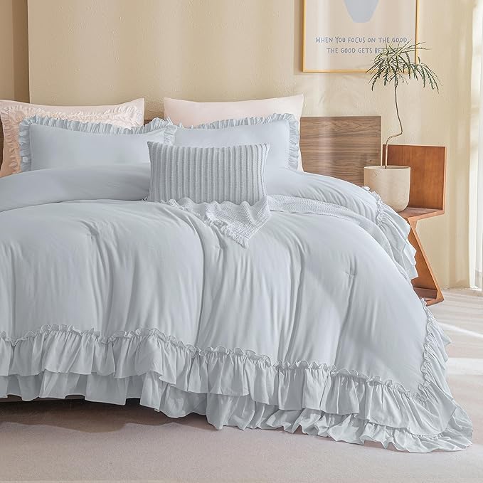 Queen's House Light Blue Farmhouse Ruffled King Size Comforter Set,Lightweight Microfiber Inner Fill Fluffy Boho Chic Bedding Comforter,Ultra Soft Microfiber Inner Fill Bedding