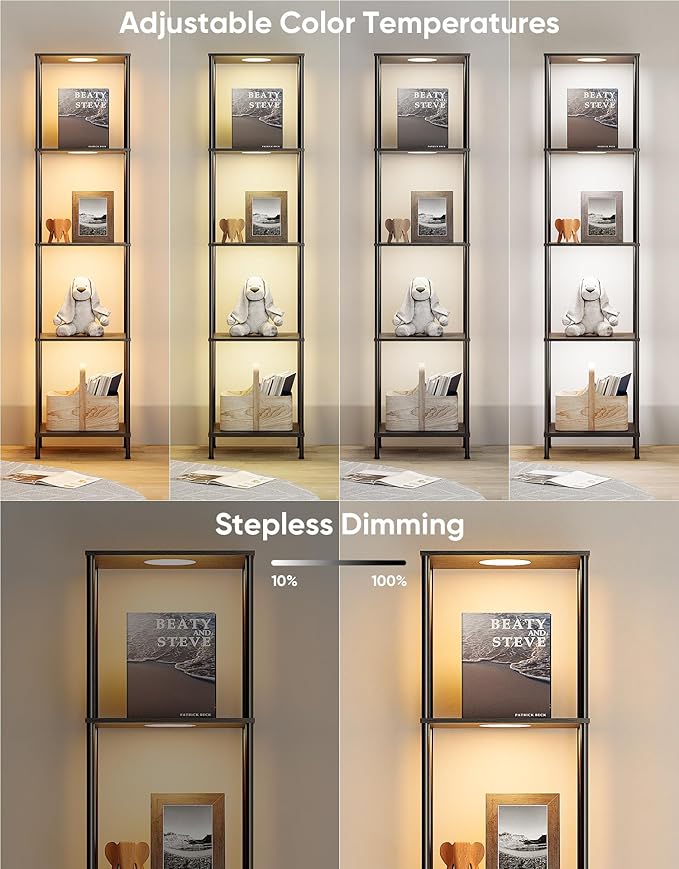 Display Shelf with RGBW Light, Color Changing Curio Cabinet Floor Lamp with Shelves Corner Standing Column Lamp Etagere Organizer Tower Nightstand Bookcase for Living Room Bedroom Office Décor Black