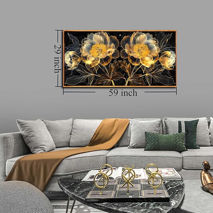 Abstract Flower Wall Art for Bedroom Women - Black and Gold Canvas Wall Art with Wooden Framed Size 29" x 59"