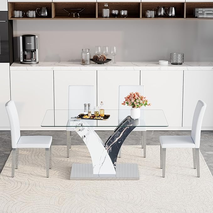 Glass Dining Table Set for 4, 63” Kitchen Table Set for 4, Modern Dining Room Table Set with Upholstered Chairs, Tempered Glass Tabletop with Y Shape Base