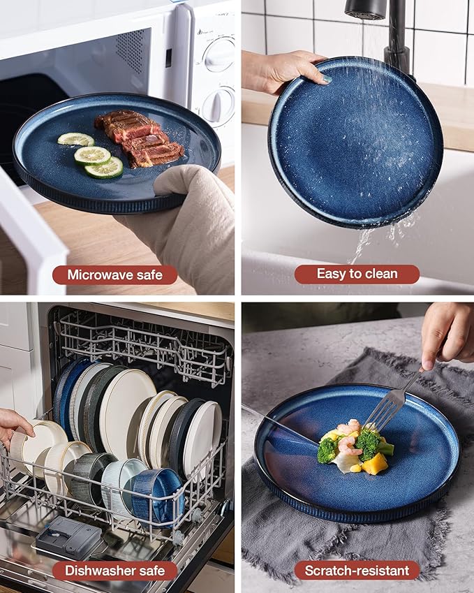 Famiware Star Dinnerware Set with Mugs, Service for 4 (16pcs), Ribbed Stoneware Plates and Bowls Dishes Sets - Chip & Scratch Resistant, Microwave & Dishwasher Safe, Nebulas Blue