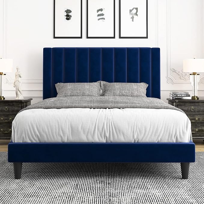Allewie Queen Platform Bed Frame/Velvet Upholstered Bed Frame with Vertical Channel Tufted Headboard/Strong Wooden Slats/Mattress Foundation/Box Spring Optional/Easy Assembly/Navy Blue