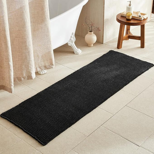 Black Long Bathroom Rug, Waffle Runner Rug Bathroom Non Slip Washable Super Absorbent Quick Dry Boho Farmhouse Bath Decor, 72"x24" Black