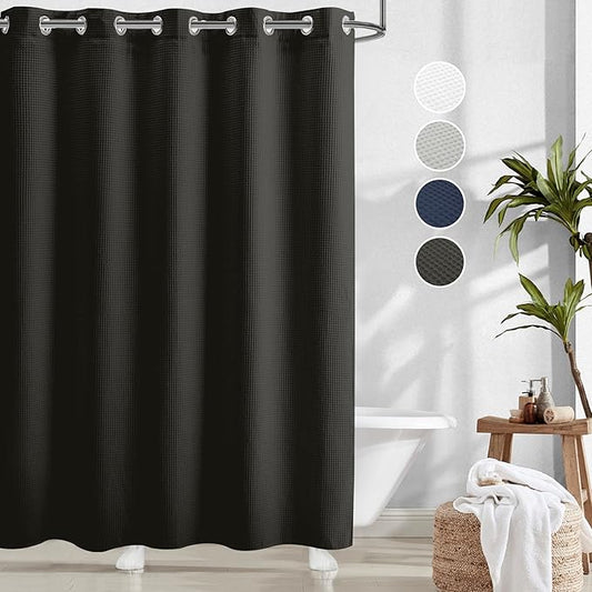 River Dream Black Waffle Weave Shower Curtain with Snap-in Liner,Cotton Blend Fabric Heavy Duty,No Hooks Needed Shower Curtain for Bathroom,Hotel Quality Shower Curtain Set,71 x 74 inches