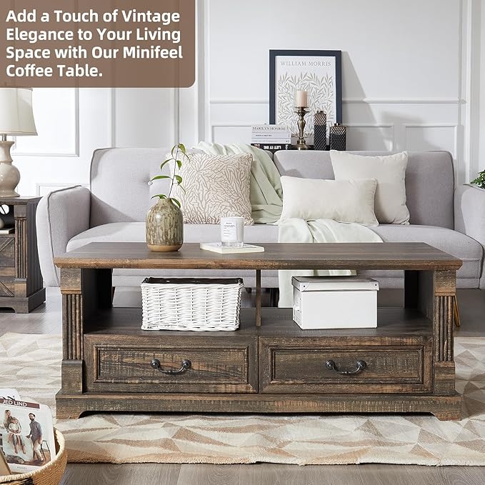 48'' Wood Coffee Table for Living Room, Farmhouse Coffee Table with Storage, Rustic Center Table for Living Room with 4 Drawers, Farmhouse & Industrial Cocktail Table for Home (Dark Rustic Oak)