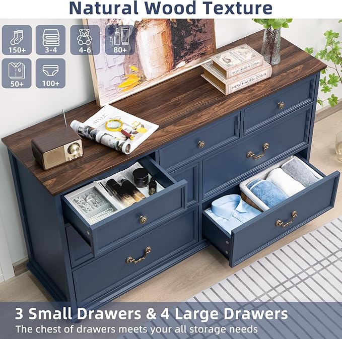 Farmhouse 54" 7 Drawers Dresser for Bedroom, Wide Chest of Drawers w/ 4 Wooden Legs, Vintage Rustic Large Closet Storage Dressers Organizer for Hallway, Wood TV Stand for Living Room, Blue