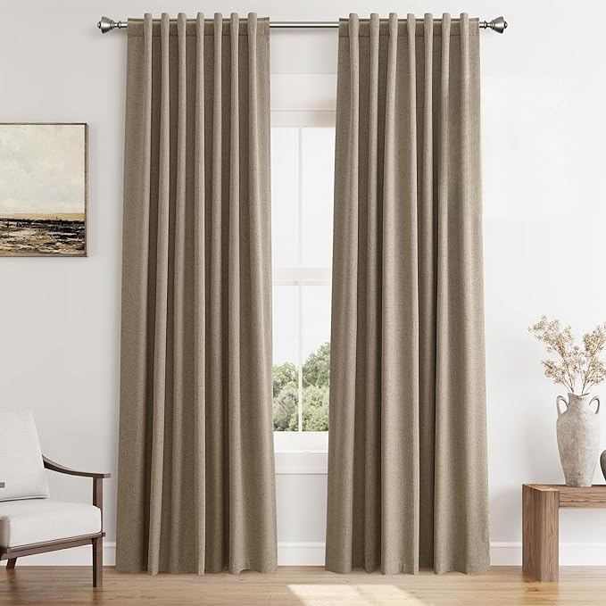 Guken Burlap Blackout Curtains 84 Inch Length 2 Panels Set for Living Room Bedroom Back Tab Thermal Insulated 100% Black Out Linen Drapes Room Darkening Window Curtains 84 Inches Long Burlap