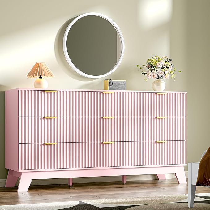 Fluted Dresser for Bedroom with 9 Drawers, 57" Mid Century Modern Dresser of Closet TV Stand, Nature Wood Dressers with Gold Handle, Boho Closet Wide Modern Chest of Drawers, Pink