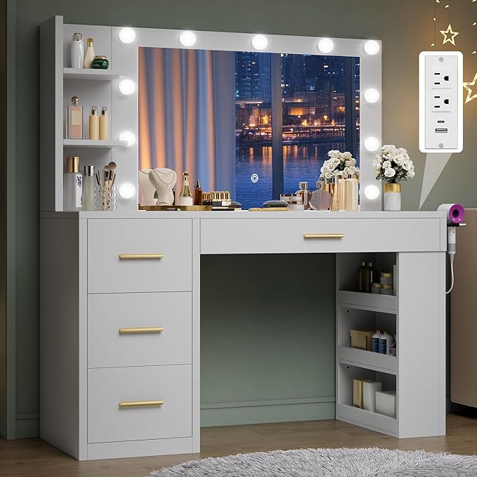 DWVO Makeup Vanity Desk with Mirror & Lights, 40inch Vanity Table with Power Outlets, 4 Drawers & 6 Open Storage Shelves, 3 Color Modes & Adjustable Brightness Dressing Table for Bedroom, White