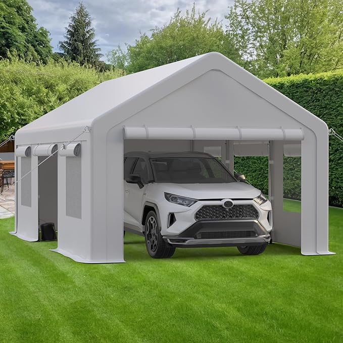 Heavy Duty Carport, Portable Garage with 4 Doors & 4 Window，Upgraded Carport with Reinforced Steel Poles, Uv Resistant All-Season Waterproof Tarp, for Car, Truck, Boat