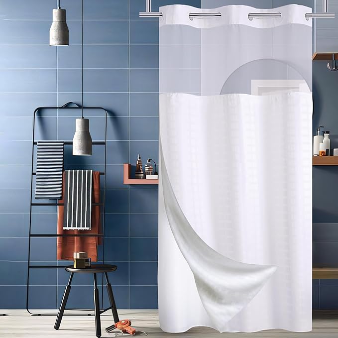 Conbo Mio Stall No Hook Shower Curtain with Snap in Liner Set, Hotel Luxury White Shower Curtains for Bathroom with See Through Top Window, Waterproof, Washable 36W x 74H