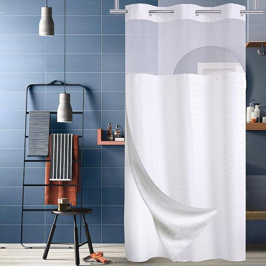 Conbo Mio Stall No Hook Shower Curtain with Snap in Liner Set, Hotel Luxury White Shower Curtains for Bathroom with See Through Top Window, Waterproof, Washable 36W x 74H