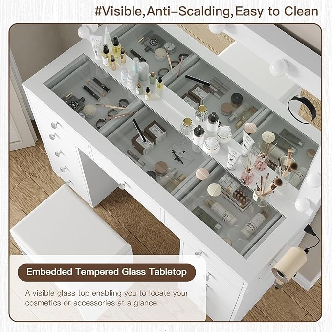 Vanity Desk with Power Outlet, Makeup Vanity with Mirror and 12 LED Lights, 3 Lighting Modes,11 Drawers Vanity Table with Chair, Glass Top, Dressing Table for Bedroom,Dressing Room, White