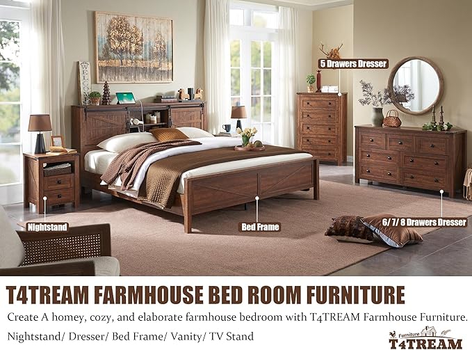 T4TREAM Nightstand with Charging Station, End Table, Side Table with 2 Drawers Storage Cabinet for Bedroom, Living Room, Farmhouse Design, Wood Rustic, Reclaimed Barnwood