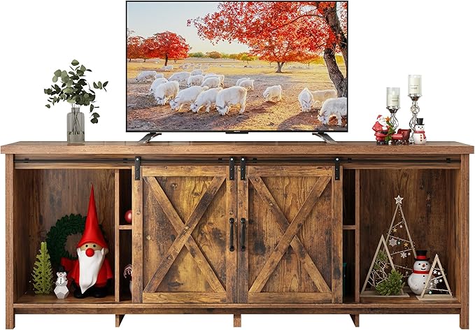 70" Farmhouse TV Stands for 70 75 80inch TV w/Adjustable Shelves,Sliding Barn Door.Wooden Entertainment Center,TV Console Cabinet with Storage for Bedroom Living Room(Brown 70in)