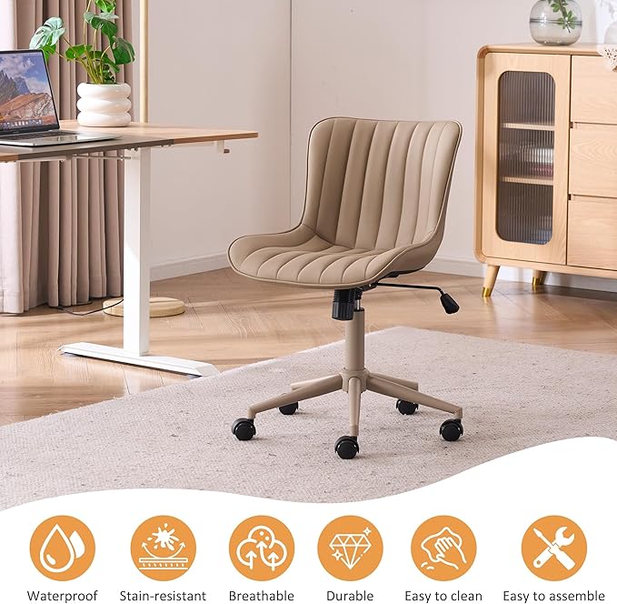 YOUNIKE Home Office Desk Chair with Wheels Armless Vanity Chair with Back Comfy Modern Leather Upholstered Rolling Task Chair Swivel Small Cute Sewing Chair No Arms Wide Adjustable Ergonomic All Khaki