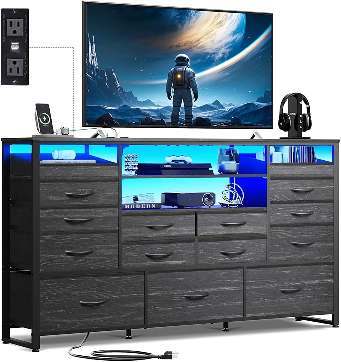 WLIVE Black TV Stand for 55, 60, 65 inch TV, Entertainment Center with LED Lights & Charging Station, TV Media Console Table with 15 Fabric Drawers and Open Shelves for Living Room, Hallway, Wood Top