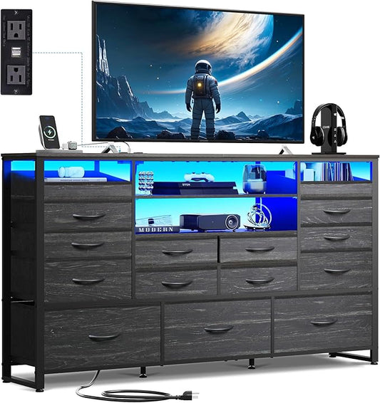 WLIVE Black TV Stand for 55, 60, 65 inch TV, Entertainment Center with LED Lights & Charging Station, TV Media Console Table with 15 Fabric Drawers and Open Shelves for Living Room, Hallway, Wood Top