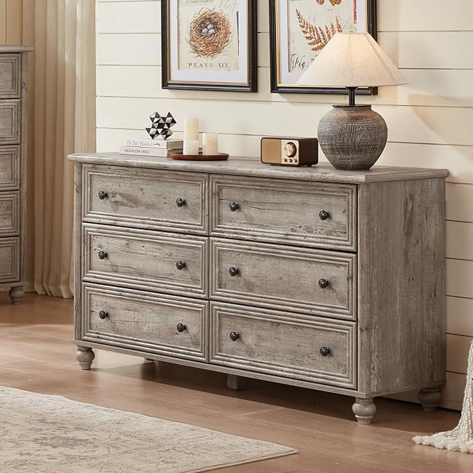 6 Drawers Dresser for Bedroom, Farmhouse 54" Wide Wood Dressers Chest of Drawers, Vintage Design TV Stand, Rustic Storage Dresser Organizer with Metal Handle Closet for Living Room, Hallway