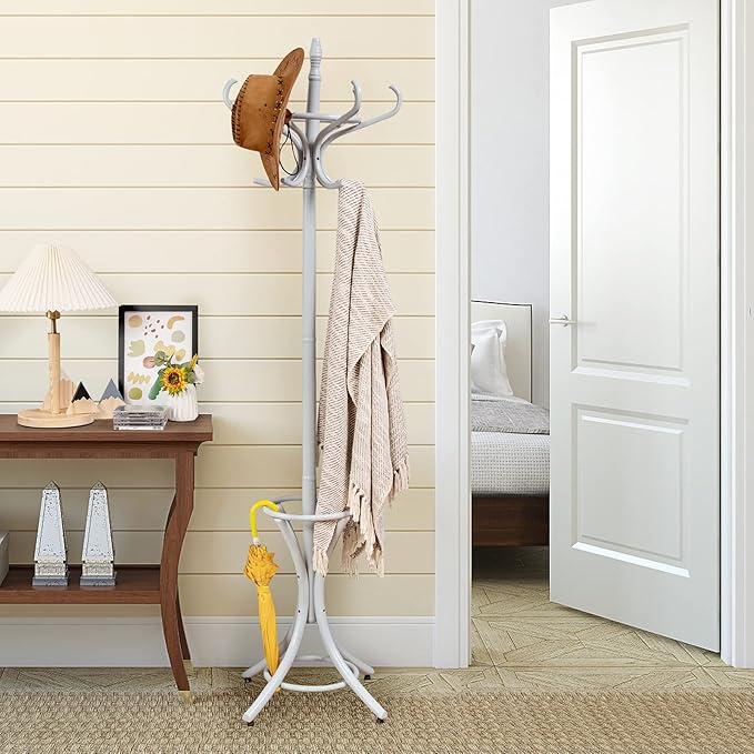 Tangkula 75.5" Standing Coat Rack, Wood Coat Tree with 12 Hooks, Home Hat Jacket Hanger Tree 12 with Umbrella Holder Coat Stand (Grey)