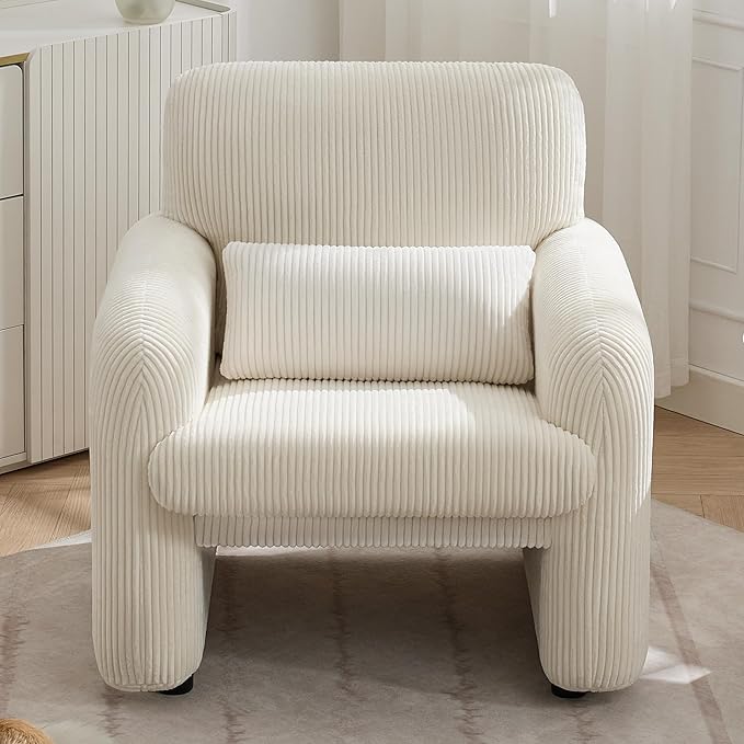 Corduroy Fabric Accent Chair, Modern Upholstered Living Room Chairs with Lumbar Pillow, Wide Comfy Leisure Armchair for Bedroom, Office, Reading, White