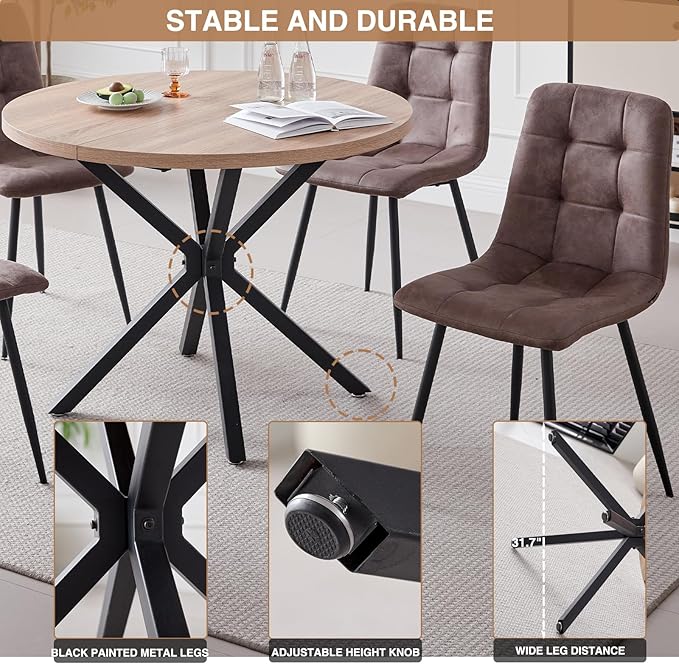 39" Round Dining Table Set for 4, Mid Century Kitchen Table with 4 Faux Leather Dining Chairs for Apartment Living Room Space Saving